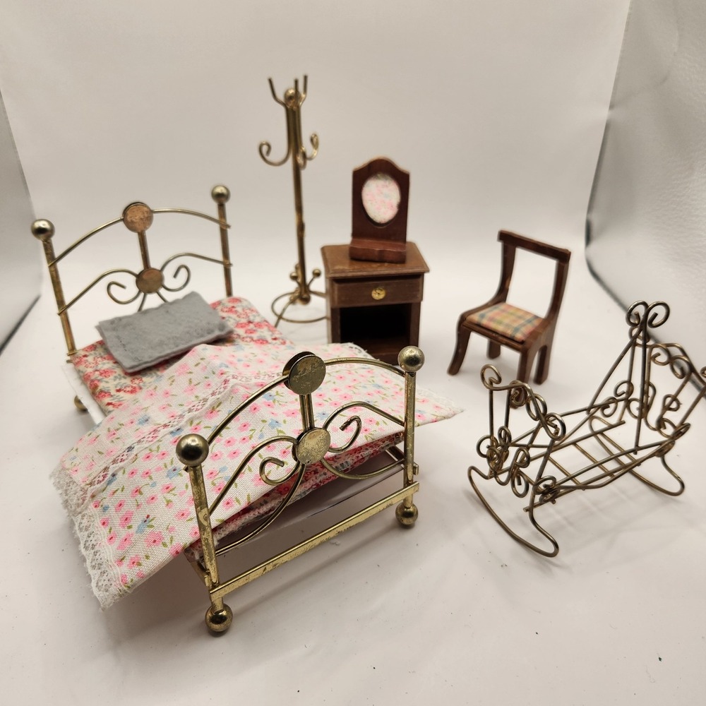 Vintage Miniature Dollhouse Furniture Set Brass Metal Wood Bed Cradle 1:12 Lot